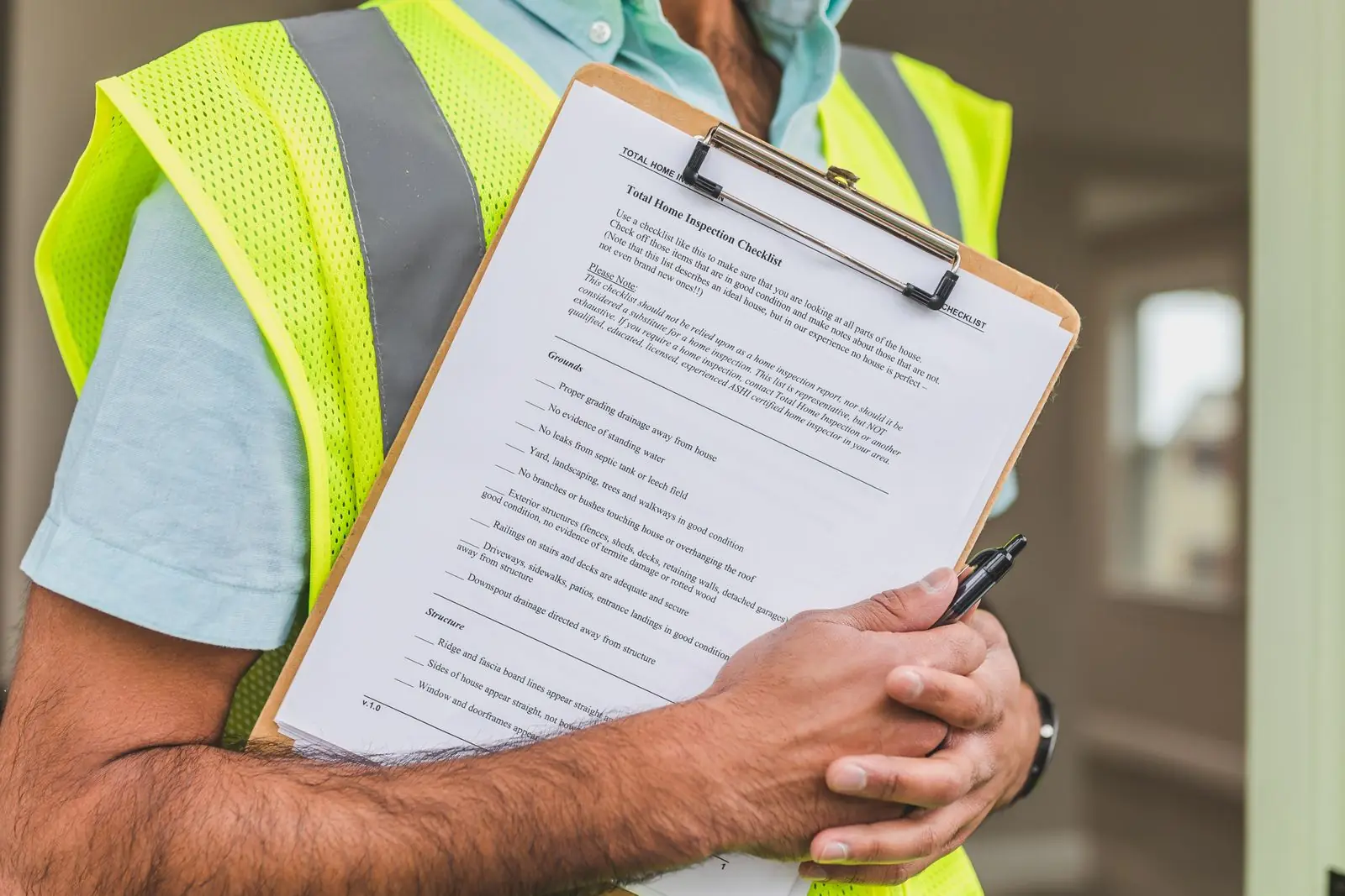 Inspector in a safety vest holding an inspection checklist