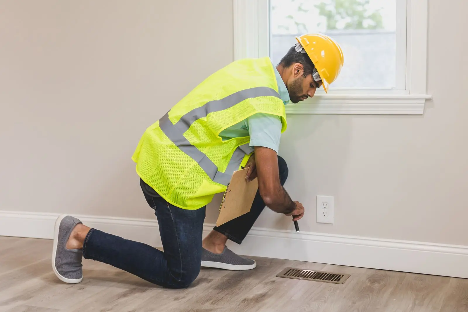 Inspector kneeling to check an outlet and baseboard in a facility room
